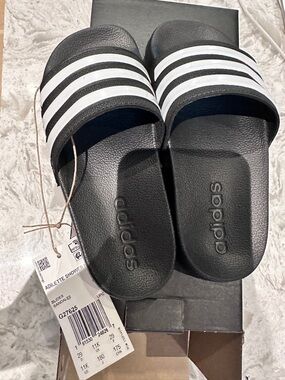 adidas Black Slides with White Three-Stripes